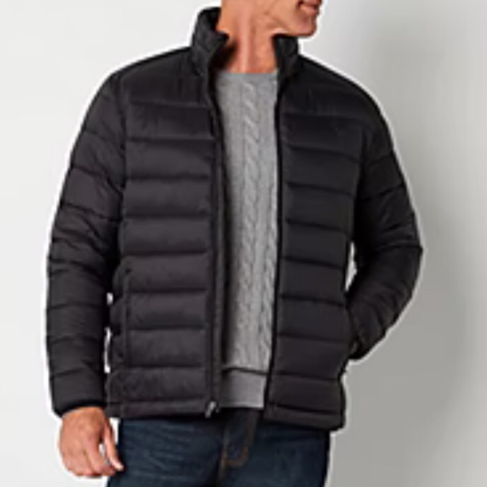 JC Penny Mens Goose Down Full Zip Gray Packable Puffer Jacket